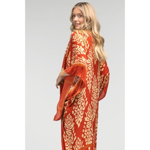 SOLD OUT Rust Damask Print Pompom Trim Bohemian Kimono Wrap Coverup Open Top - Picture 4 of 4